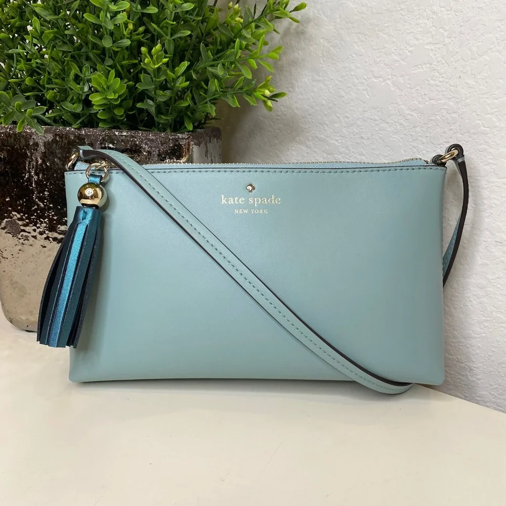 Kate Spade New York Ivy Street Amy Stone Blue Leather Tassel Crossbody Bag Purse